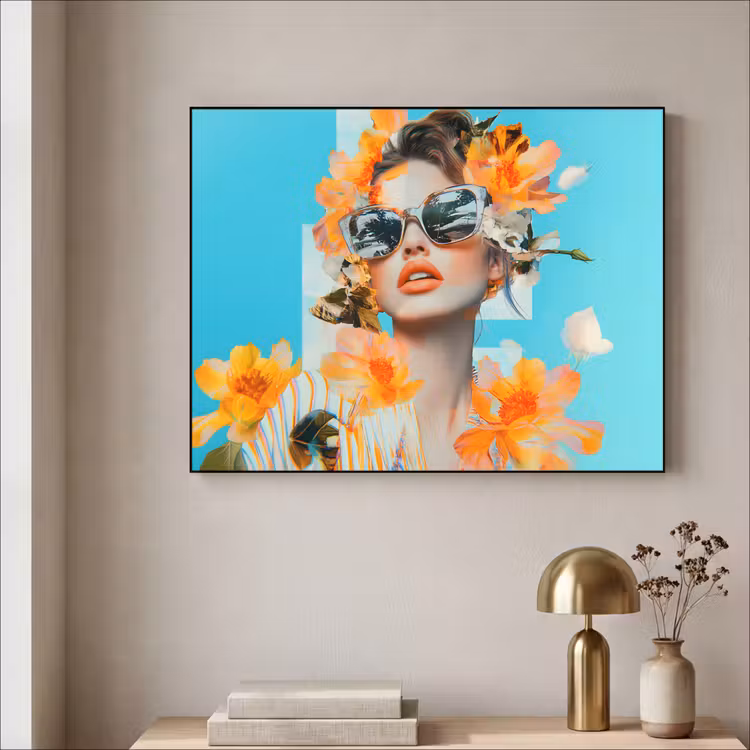 Bloemen - Vrouw - Zonnebril - Blauw Textielframe zwart klein -sfeer2