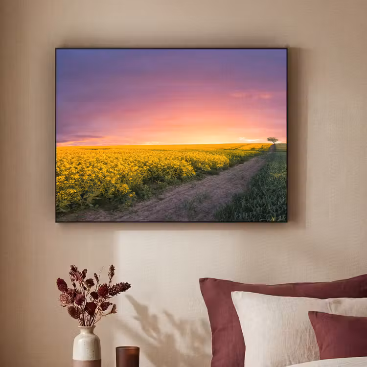 Bloemen - Weg - Lucht - Geel - Paars - Zonsondergang - Natuur Textielframe zwart klein -sfeer1