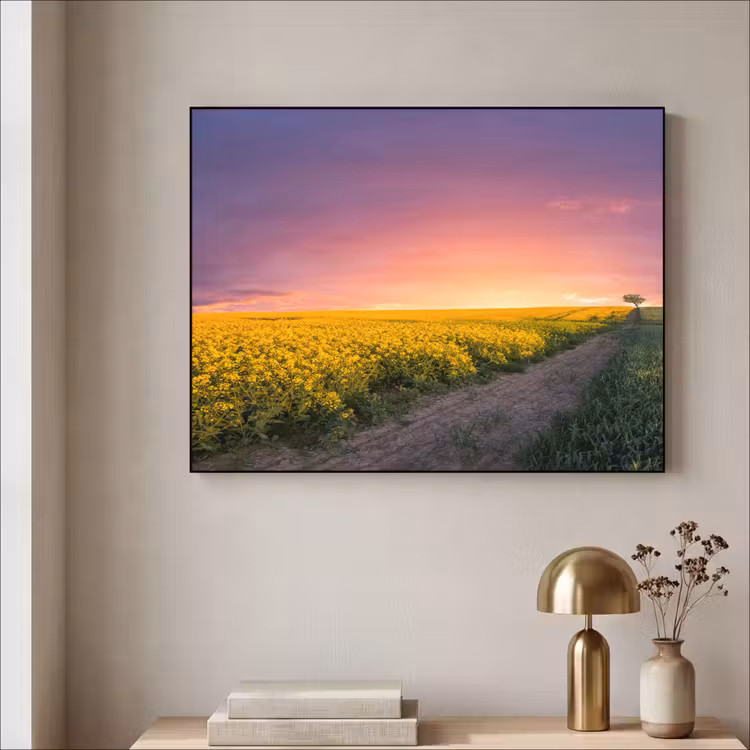 Bloemen - Weg - Lucht - Geel - Paars - Zonsondergang - Natuur Textielframe zwart klein -sfeer2