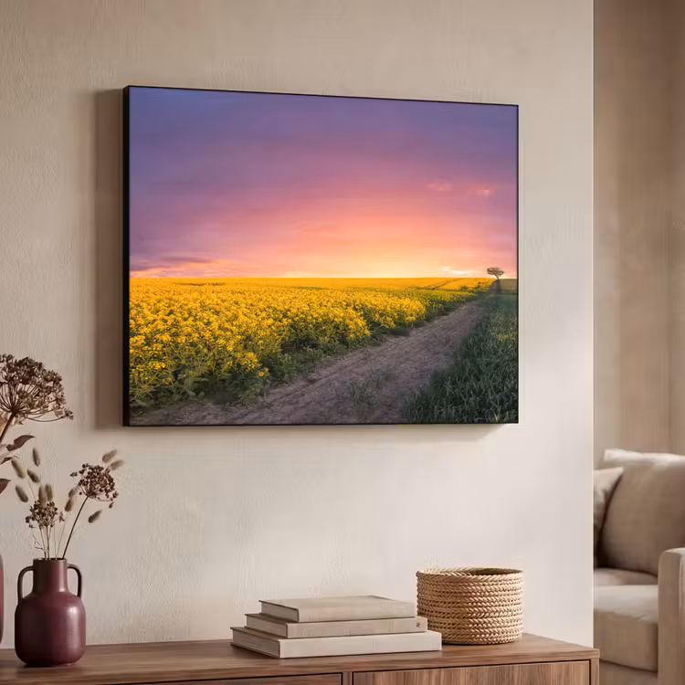 Bloemen - Weg - Lucht - Geel - Paars - Zonsondergang - Natuur Textielframe zwart klein -sfeer3
