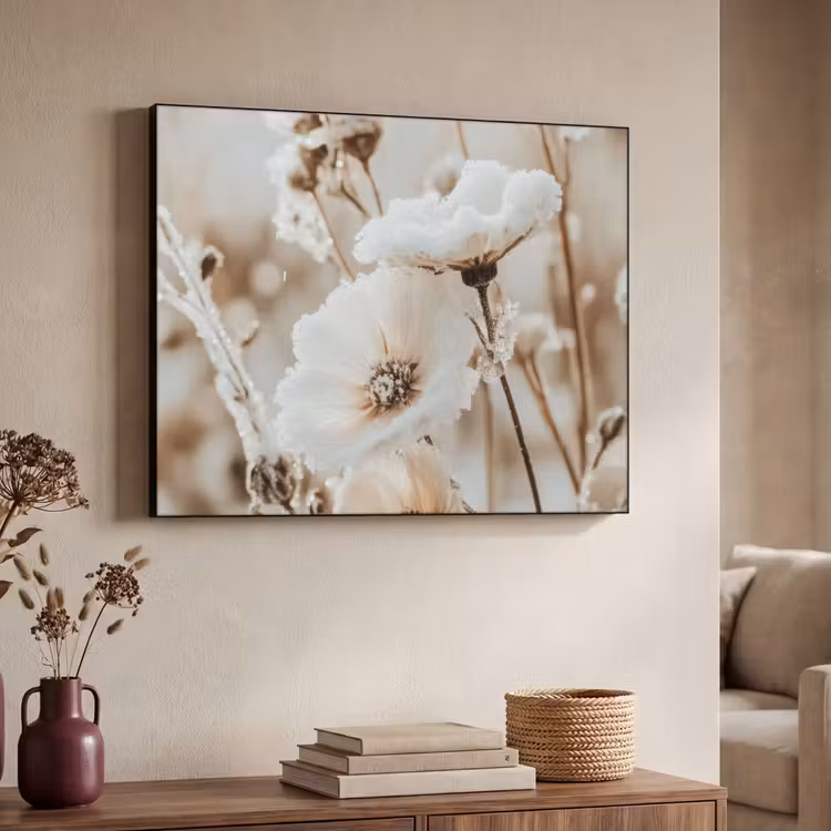 Bloemen - Winter - Wit - Sneeuw - Beige Textielframe zwart klein -sfeer3
