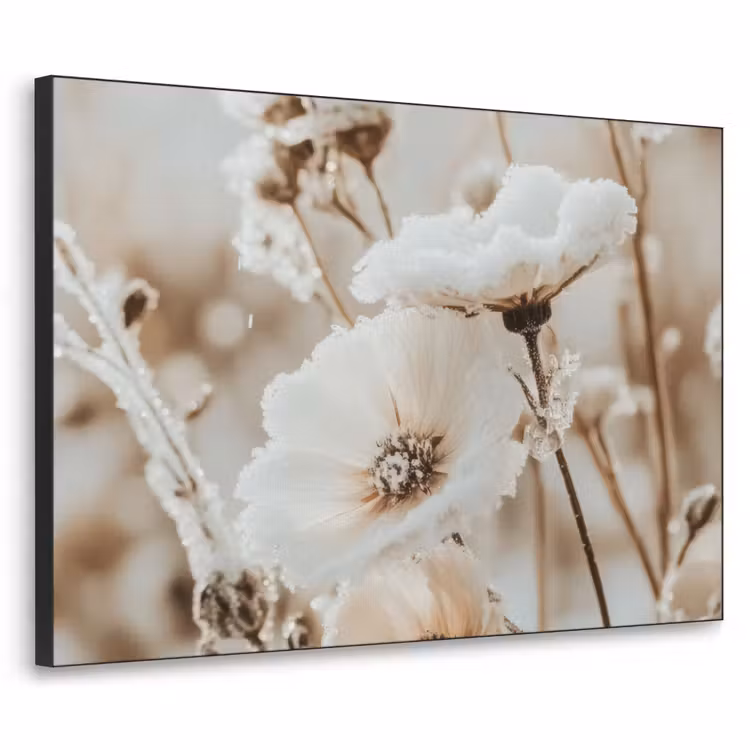 Bloemen - Winter - Wit - Sneeuw - Beige Textielframe zwart klein -3d