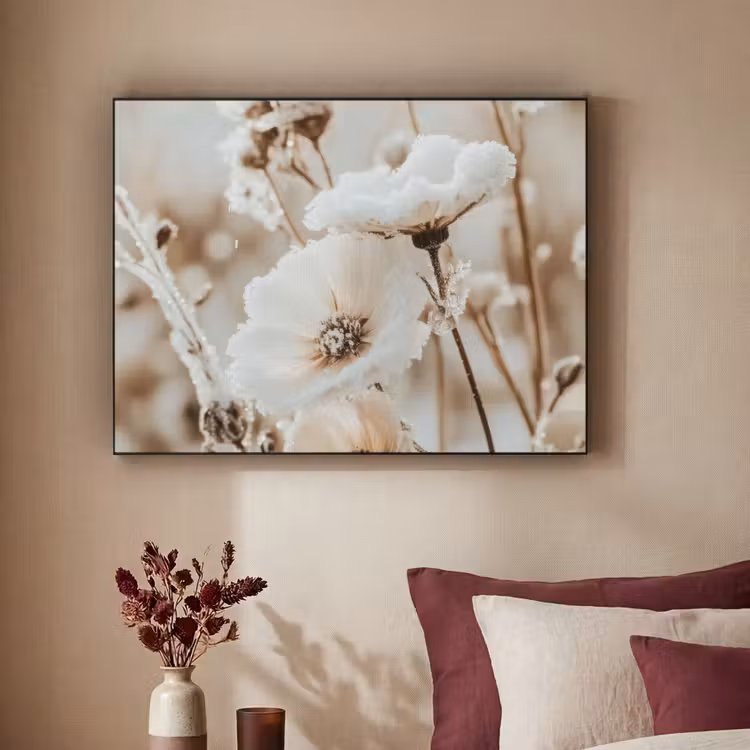 Bloemen - Winter - Wit - Sneeuw - Beige Textielframe - compleet frame klein -sfeer1