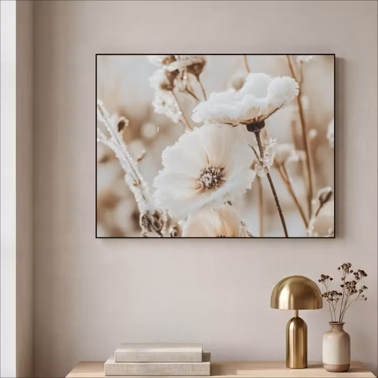 Bloemen - Winter - Wit - Sneeuw - Beige Textielframe zwart klein -sfeer2