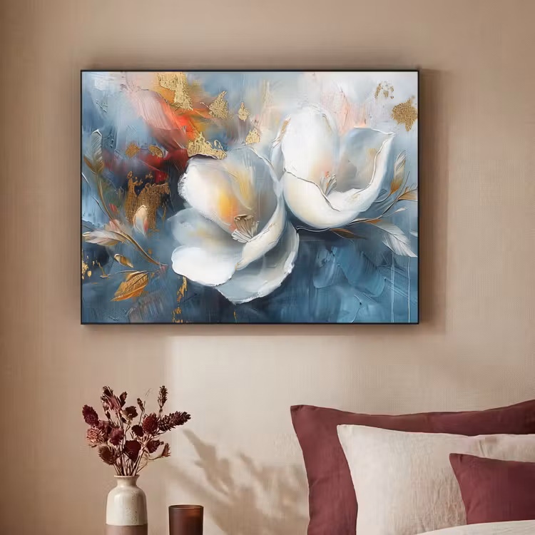 Bloemen - Wit - Goud - Kunst - Abstract Textielframe zwart klein -sfeer1