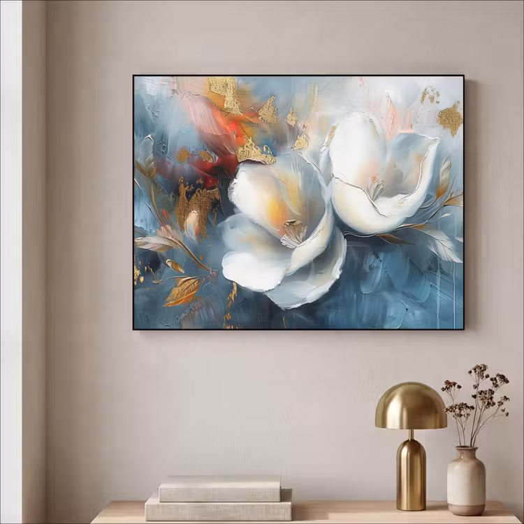 Bloemen - Wit - Goud - Kunst - Abstract Textielframe zwart klein -sfeer2
