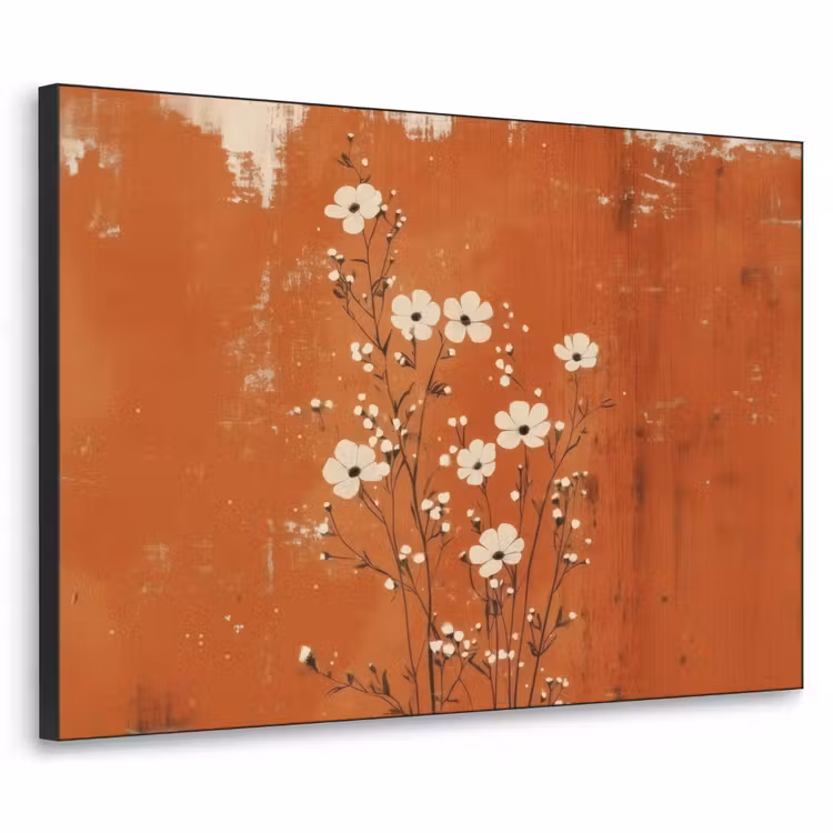 Bloemen - Wit - Subtiel - Roestkleur Textielframe - compleet frame klein -3d