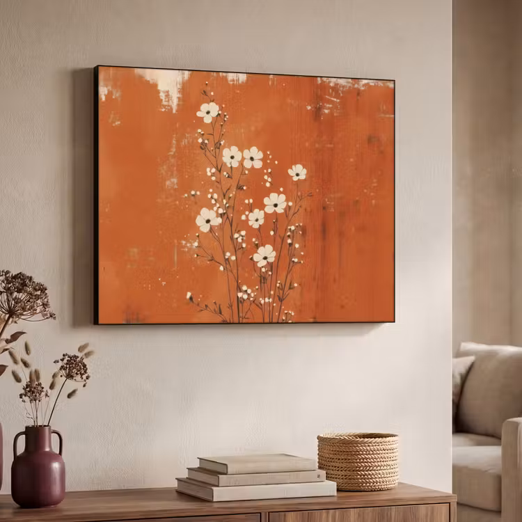 Bloemen - Wit - Subtiel - Roestkleur Textielframe zwart klein -sfeer3