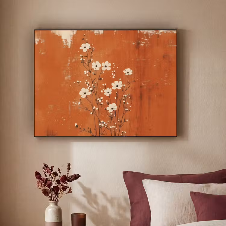 Bloemen - Wit - Subtiel - Roestkleur Textielframe - compleet frame klein -sfeer1