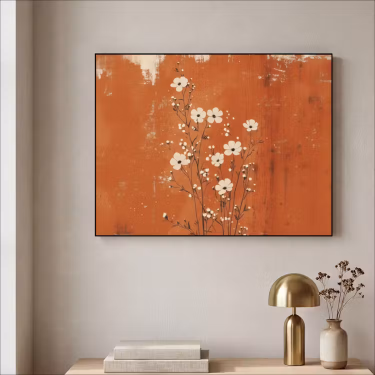 Bloemen - Wit - Subtiel - Roestkleur Textielframe - compleet frame klein -sfeer2