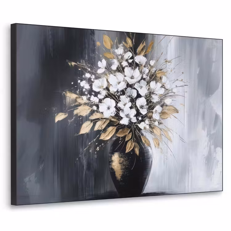 Bloemen - Wit - Vaas - Abstract Textielframe - compleet frame klein -3d