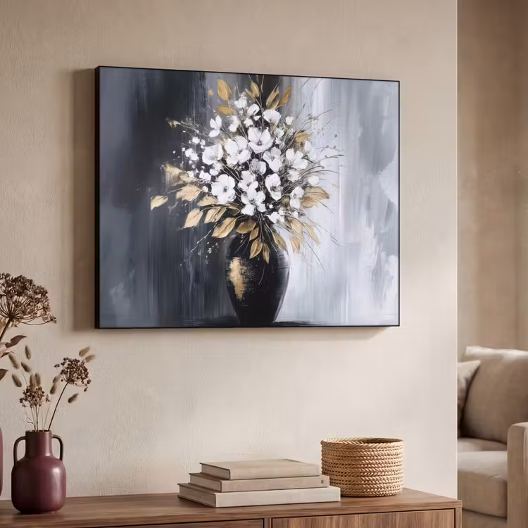 Bloemen - Wit - Vaas - Abstract Textielframe zwart klein -sfeer3