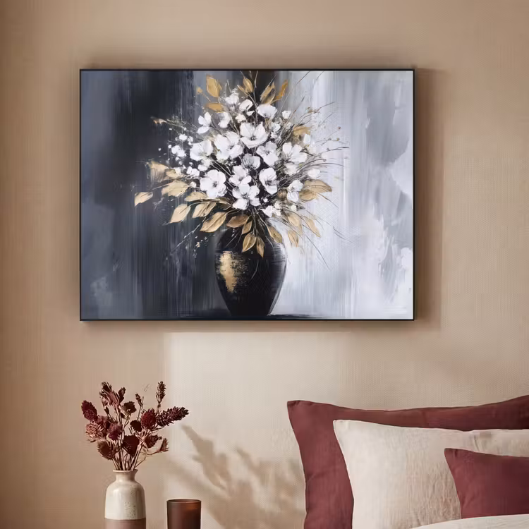 Bloemen - Wit - Vaas - Abstract Textielframe zwart klein -sfeer1