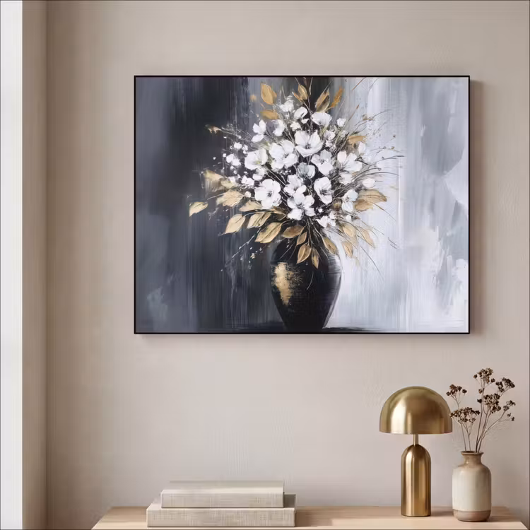 Bloemen - Wit - Vaas - Abstract Textielframe zwart klein -sfeer2