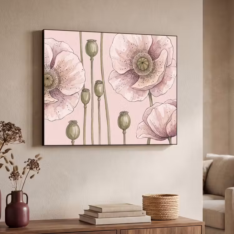 Bloemen - Zomer - Natuur - Aquarel - Roze Textielframe zwart klein -sfeer3