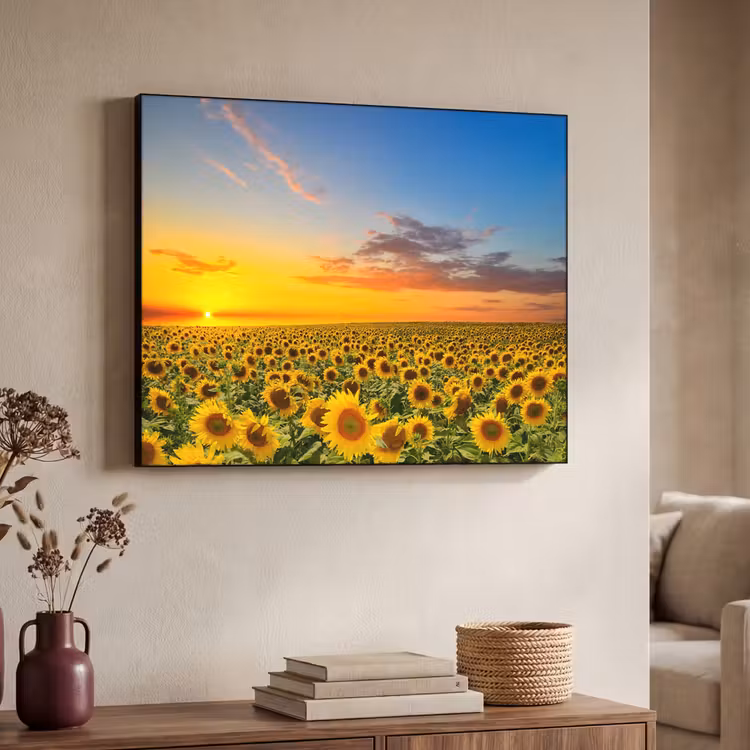 Bloemen - Zonnebloem - Zonsondergang - Nacht - Oranje Textielframe zwart klein -sfeer3