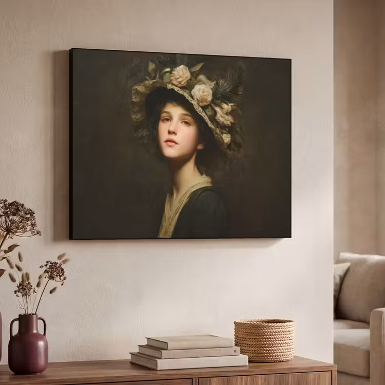 Bloemenhoed - Portret - Vrouw Textielframe - compleet frame klein -sfeer3