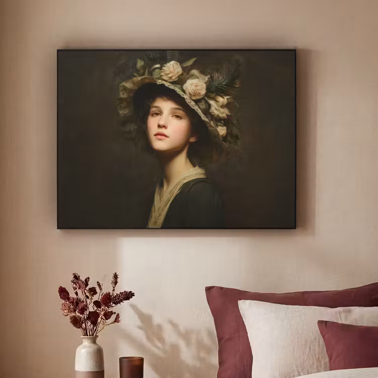 Bloemenhoed - Portret - Vrouw Textielframe zwart klein -sfeer1