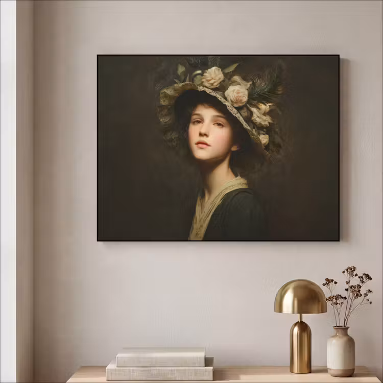 Bloemenhoed - Portret - Vrouw Textielframe zwart klein -sfeer2