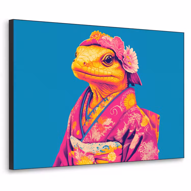 Bloemenkrans - Hagedis - Kimono - Paars Textielframe zwart klein -3d
