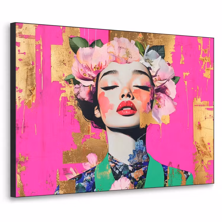 Bloemenkroon - Goud - Vrouw - Portret Textielframe - compleet frame klein -3d