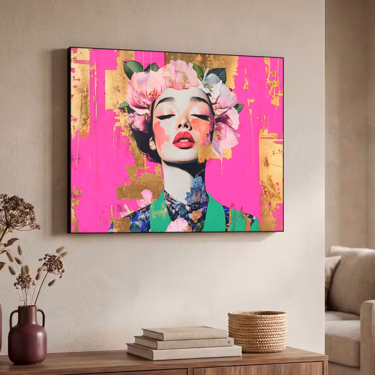 Bloemenkroon - Goud - Vrouw - Portret Textielframe zwart klein -sfeer3