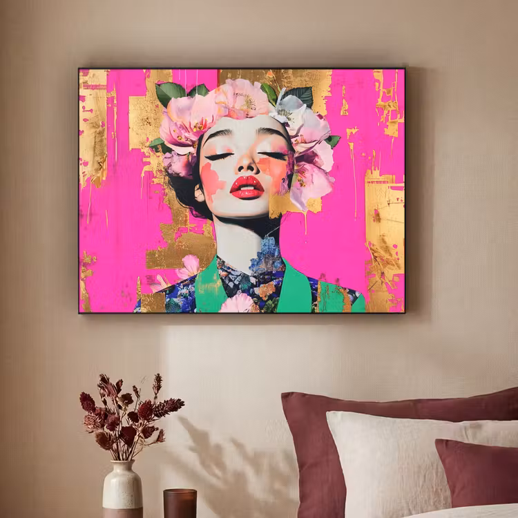Bloemenkroon - Goud - Vrouw - Portret Textielframe zwart klein -sfeer1