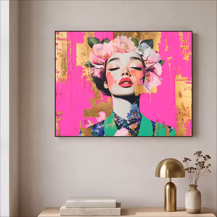 Bloemenkroon - Goud - Vrouw - Portret Textielframe - compleet frame klein -sfeer2