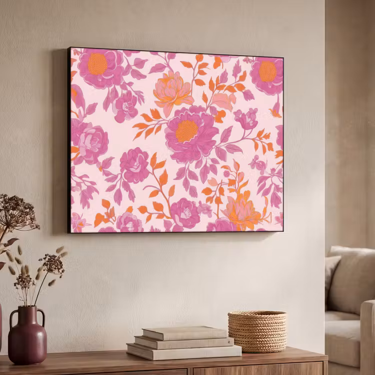 Bloemenpatroon - Roze - Oranje - Bloemen Textielframe zwart klein -sfeer3