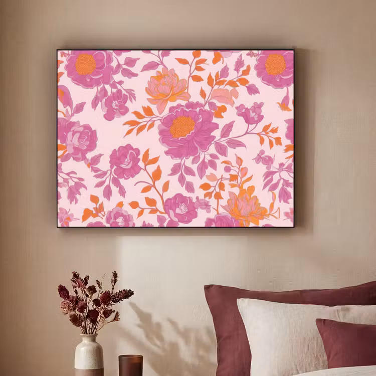 Bloemenpatroon - Roze - Oranje - Bloemen Textielframe - compleet frame klein -sfeer1
