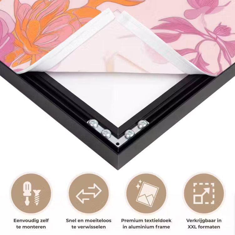 Bloemenpatroon - Roze - Oranje - Bloemen Textielframe zwart klein -USP_closeupNL