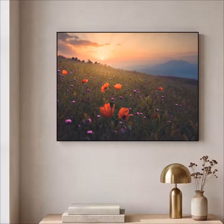 Bloemenveld - Gras - Bloemen - Planten - Zonsondergang - Oranje Textielframe zwart klein -sfeer2