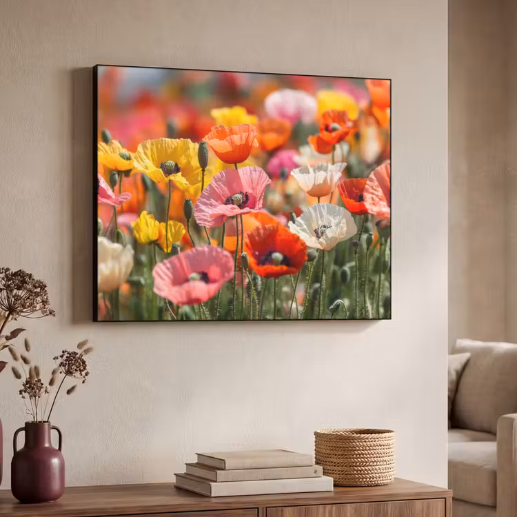 Bloemenveld - Klaprozen - Kleurrijk Textielframe - compleet frame klein -sfeer3