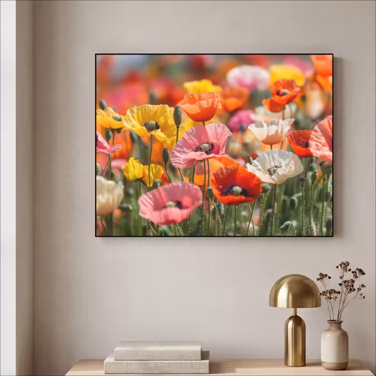 Bloemenveld - Klaprozen - Kleurrijk Textielframe - compleet frame klein -sfeer2