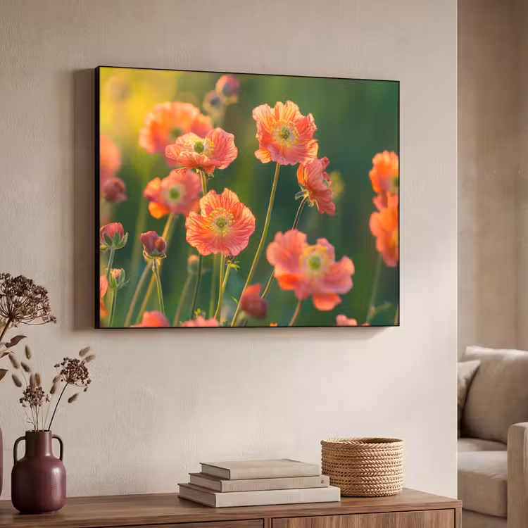 Bloemenveld - Zonnestralen - Oranje Textielframe zwart klein -sfeer3