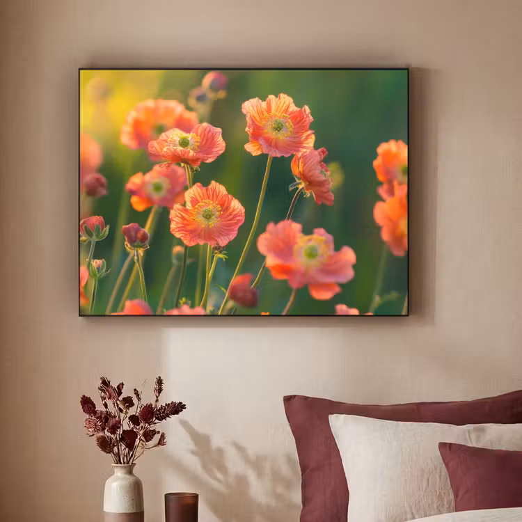 Bloemenveld - Zonnestralen - Oranje Textielframe zwart klein -sfeer1