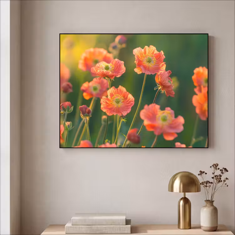 Bloemenveld - Zonnestralen - Oranje Textielframe - compleet frame klein -sfeer2