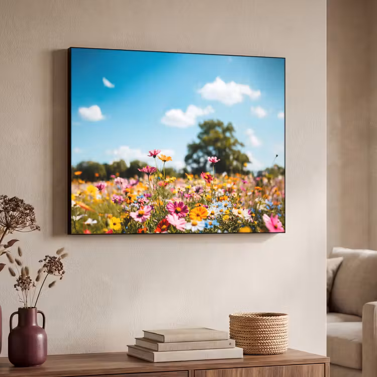 Bloemenweide - Blauw - Lucht - Kleuren Textielframe zwart klein -sfeer3