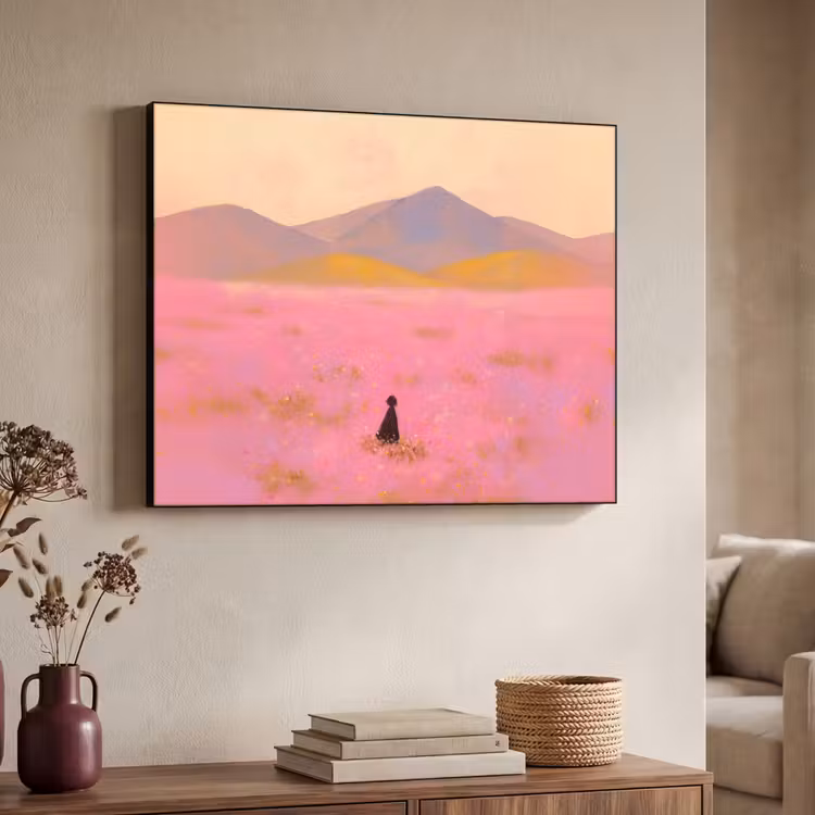 Bloemenweide - Heuvels - Silhouet - Roze Textielframe zwart klein -sfeer3