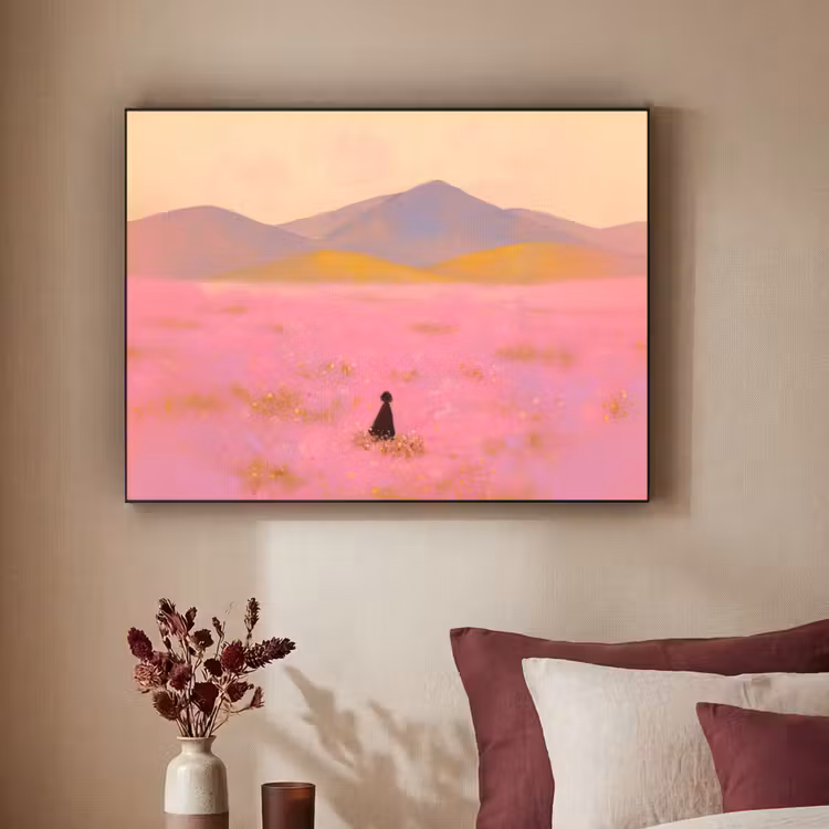 Bloemenweide - Heuvels - Silhouet - Roze Textielframe zwart klein -sfeer1
