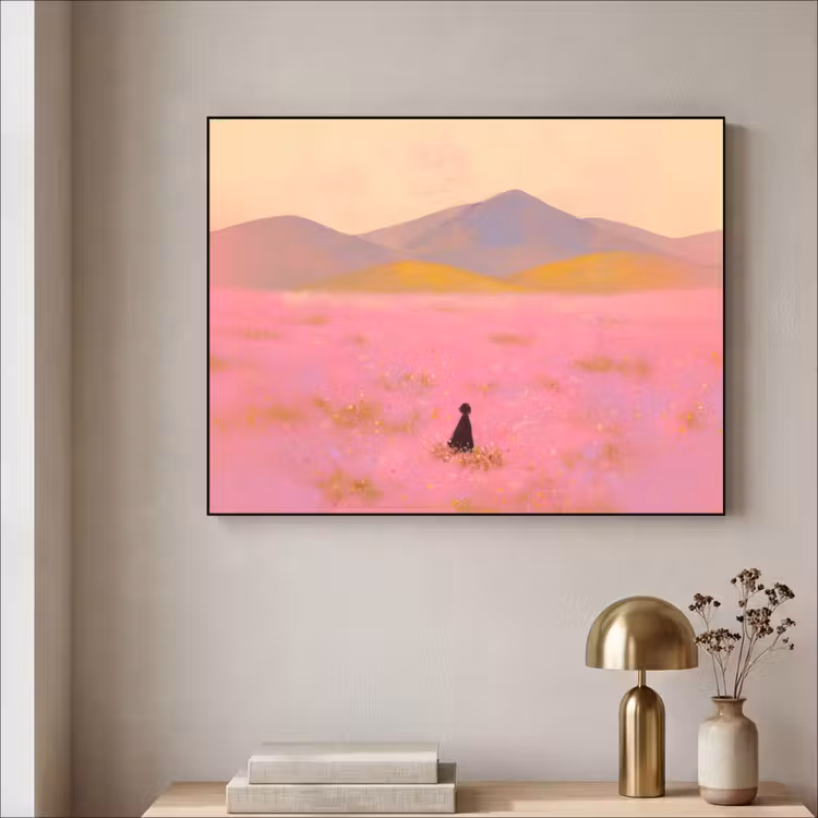Bloemenweide - Heuvels - Silhouet - Roze Textielframe zwart klein -sfeer2