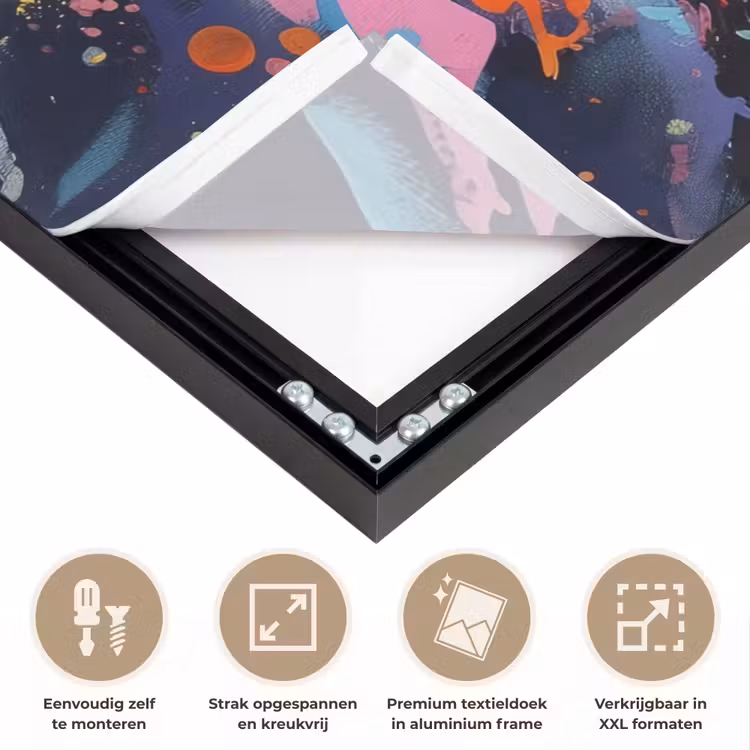 Bloemexplosie - Felle spatten - Dynamisch Textielframe zwart klein -USP_feed_closeupNL