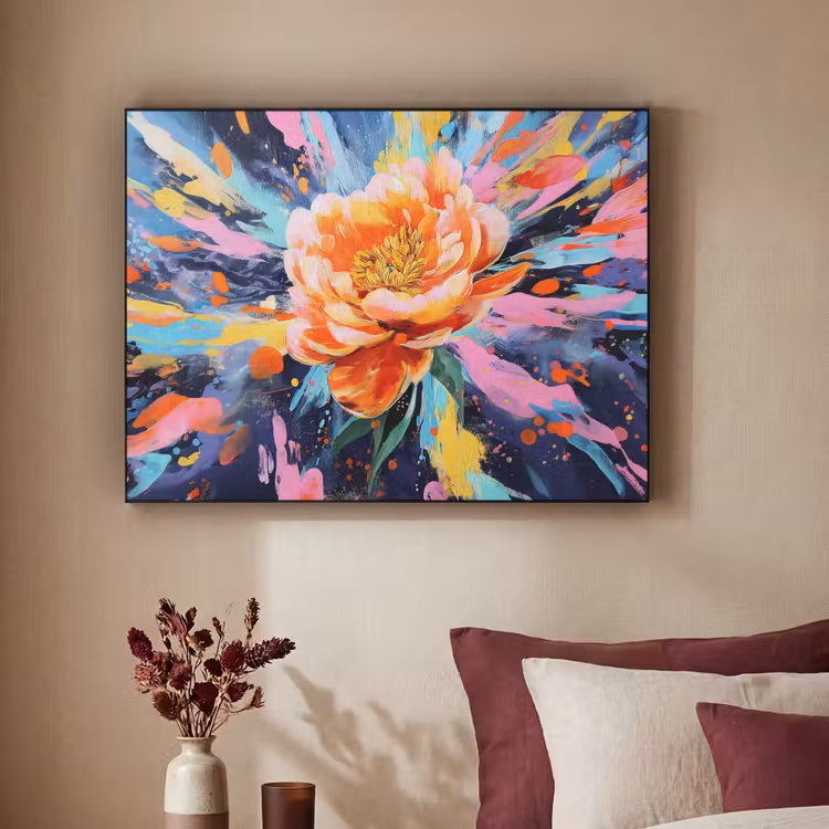 Bloemexplosie - Felle spatten - Dynamisch Textielframe - compleet frame klein -sfeer1