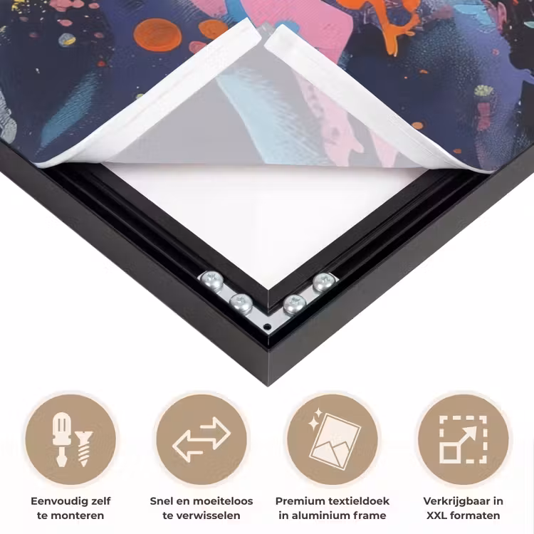 Bloemexplosie - Felle spatten - Dynamisch Textielframe zwart klein -USP_closeupNL