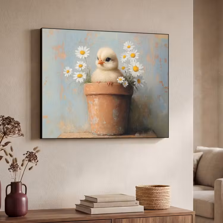 Bloempot - Kuiken - Bloemetjes Textielframe - compleet frame klein -sfeer3