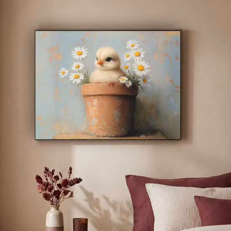 Bloempot - Kuiken - Bloemetjes Textielframe - compleet frame klein -sfeer1