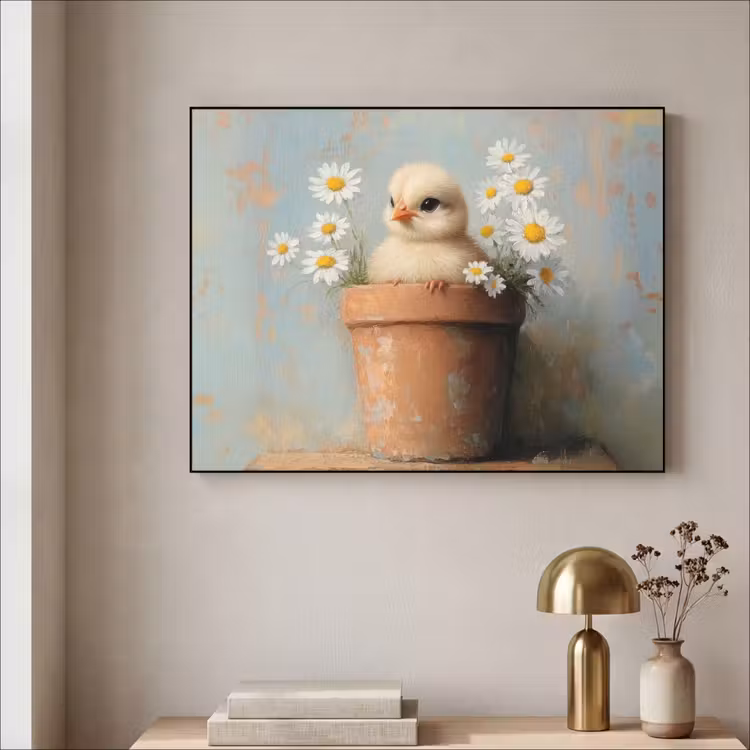 Bloempot - Kuiken - Bloemetjes Textielframe zwart klein -sfeer2