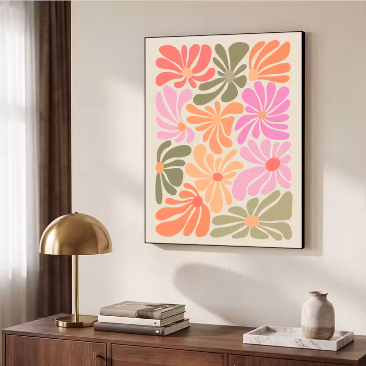 Bloemvormen - Retro - Kleurrijk Textielframe zwart klein -sfeer3