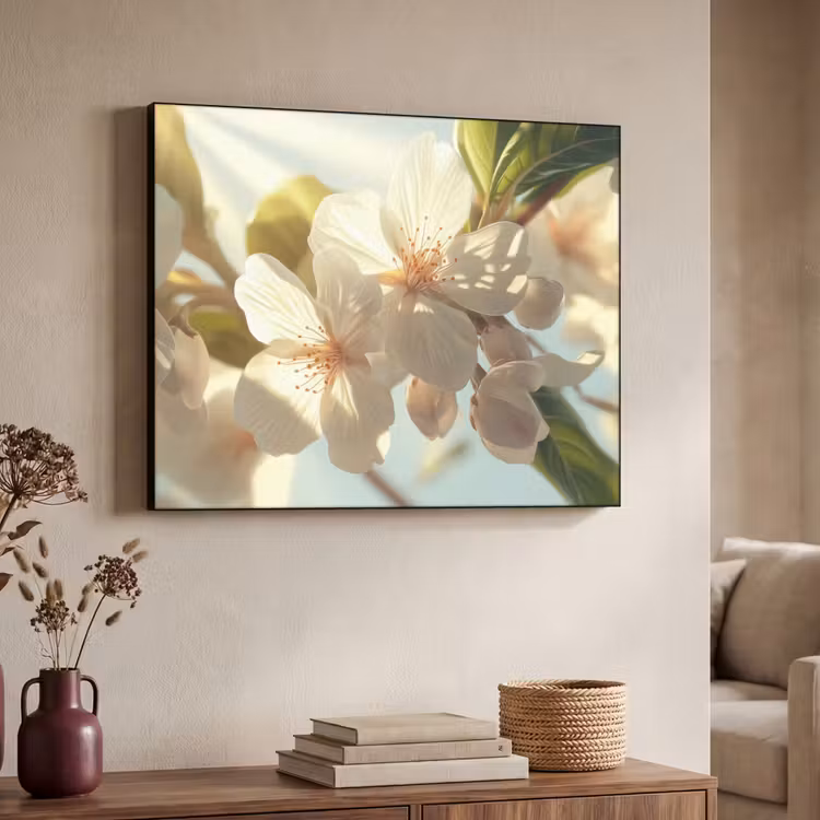 Bloesems - Wit - Zonnestralen -  Bloemblaadjes Textielframe - compleet frame klein -sfeer3