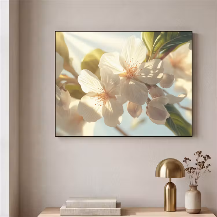 Bloesems - Wit - Zonnestralen -  Bloemblaadjes Textielframe - compleet frame klein -sfeer2
